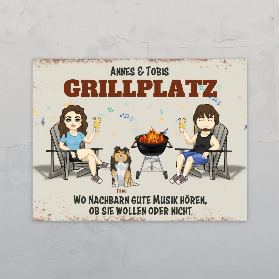 Grillplatz mit Hunden - Individuelles Gartenschild