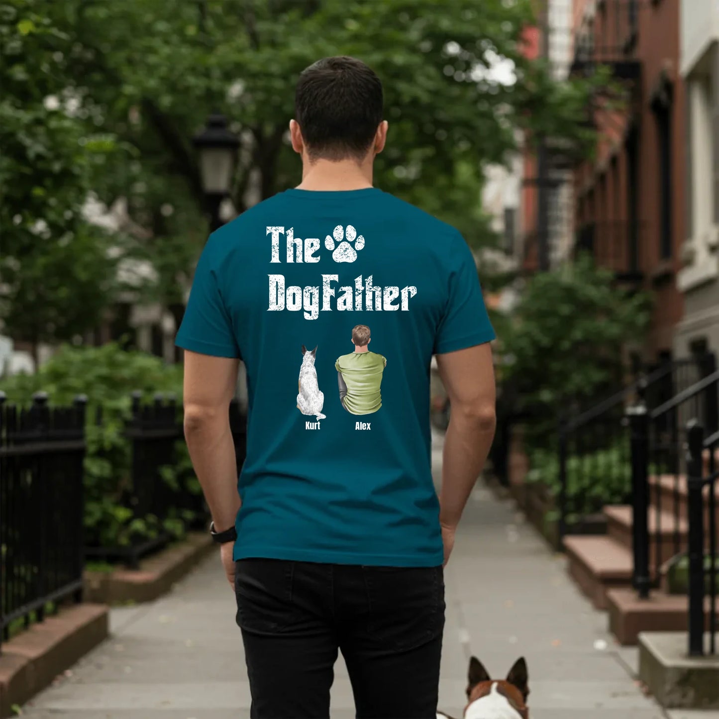Man walking dog on sidewalk - Petrol-min