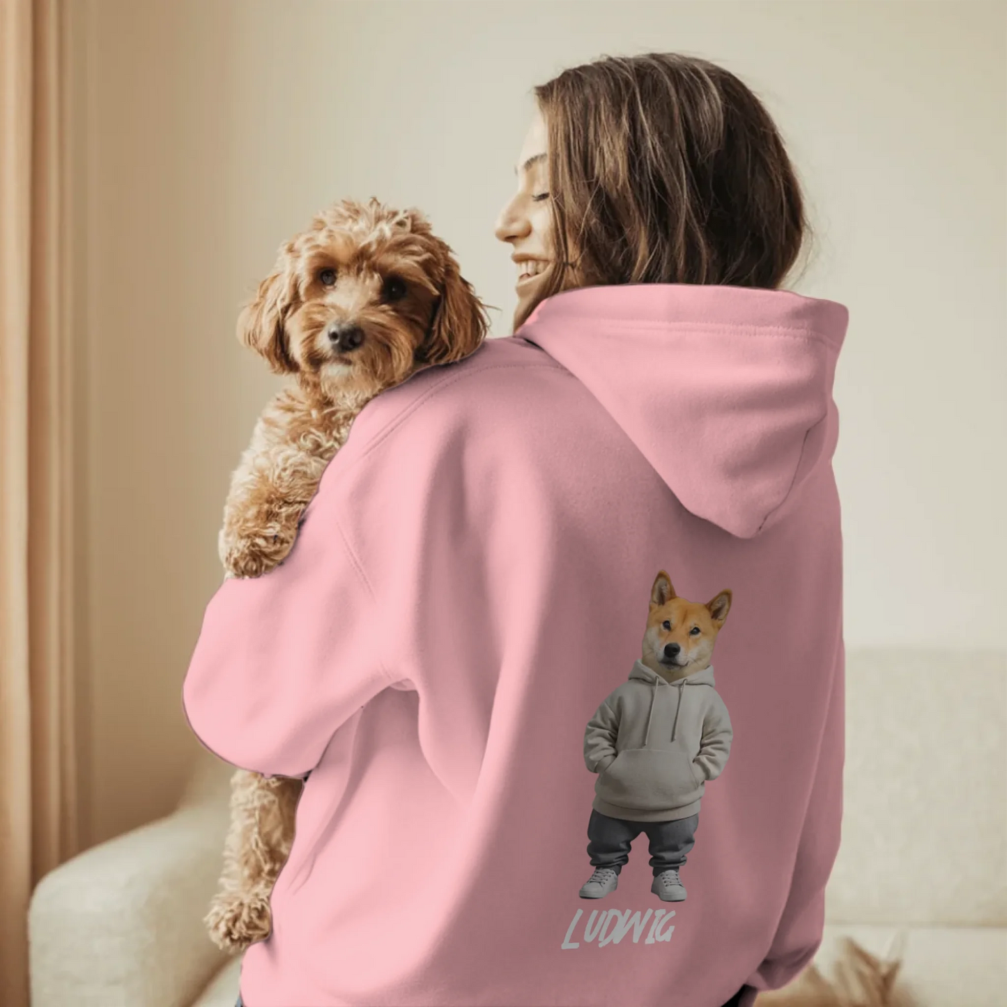 Woman in Living Room Holding Dog - Pink