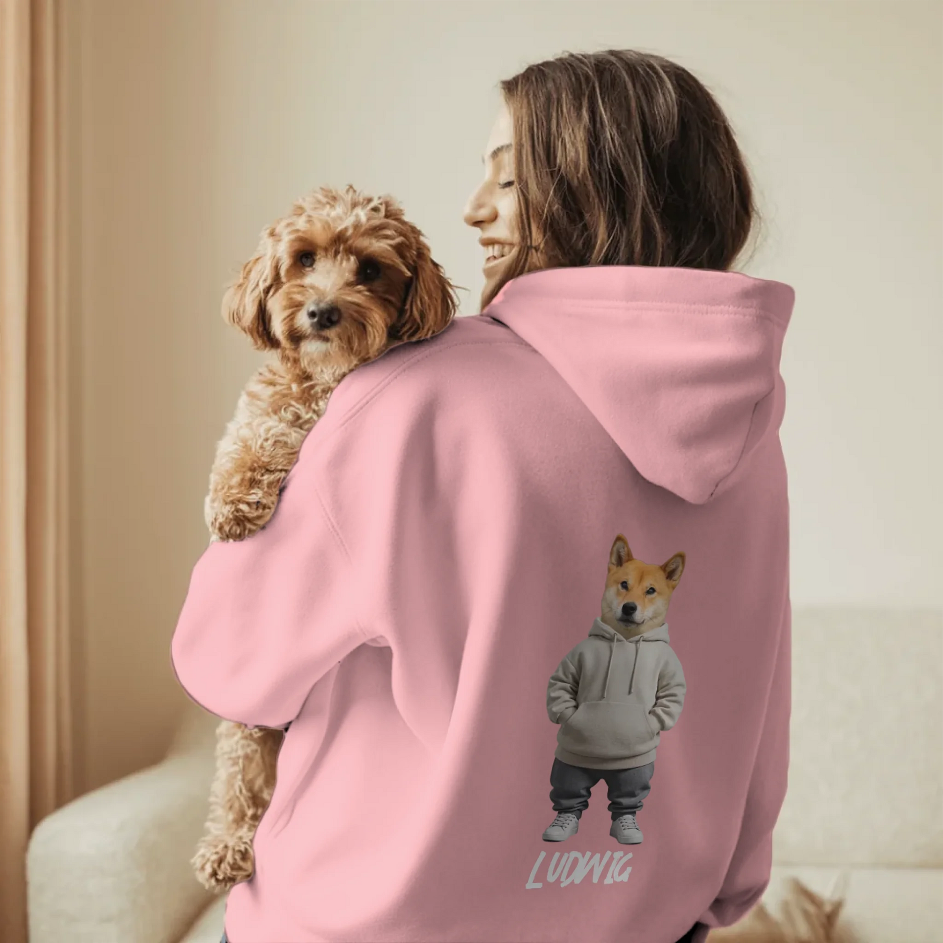 Woman in Living Room Holding Dog - Pink