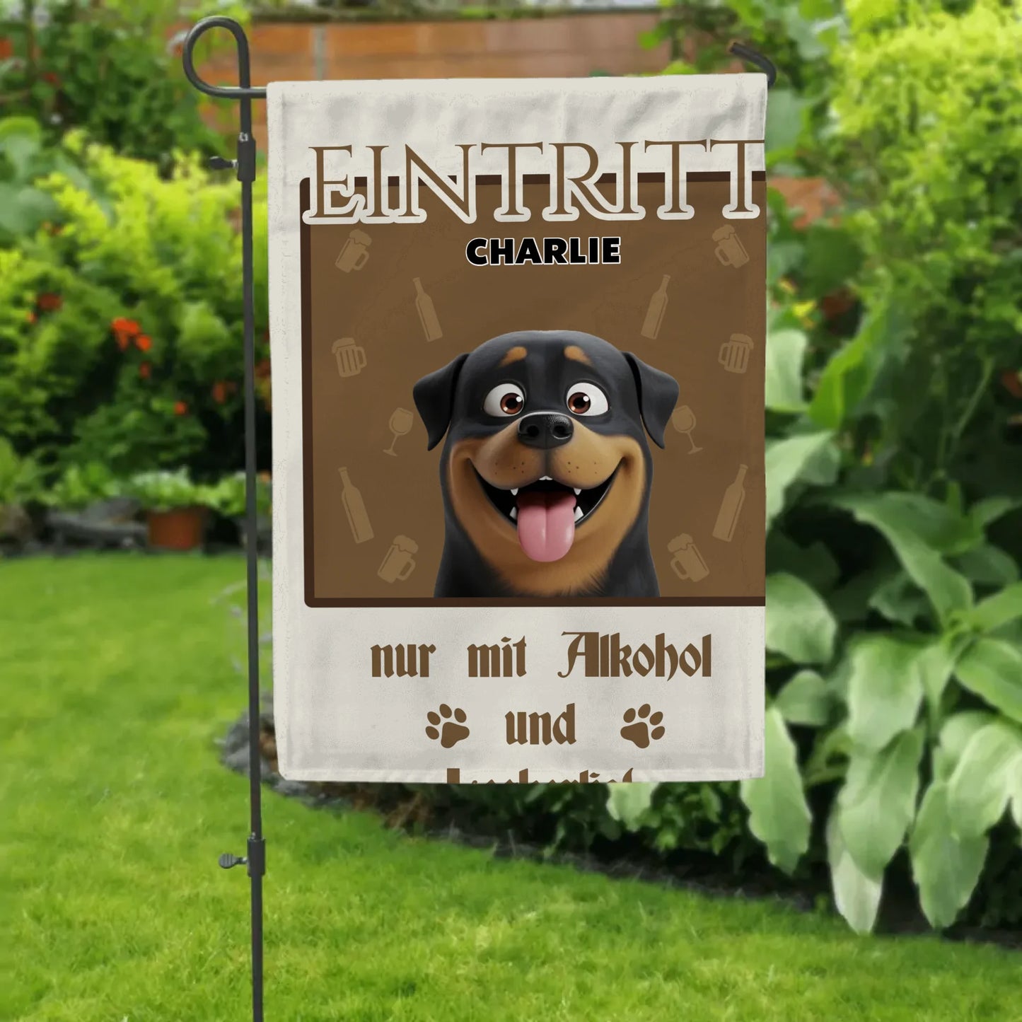 Eintritt nur mit Alkohol & Leckerli - Individuelle Gartenflagge