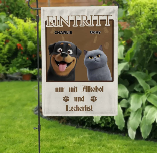 Eintritt nur mit Alkohol & Leckerli - Individuelle Gartenflagge