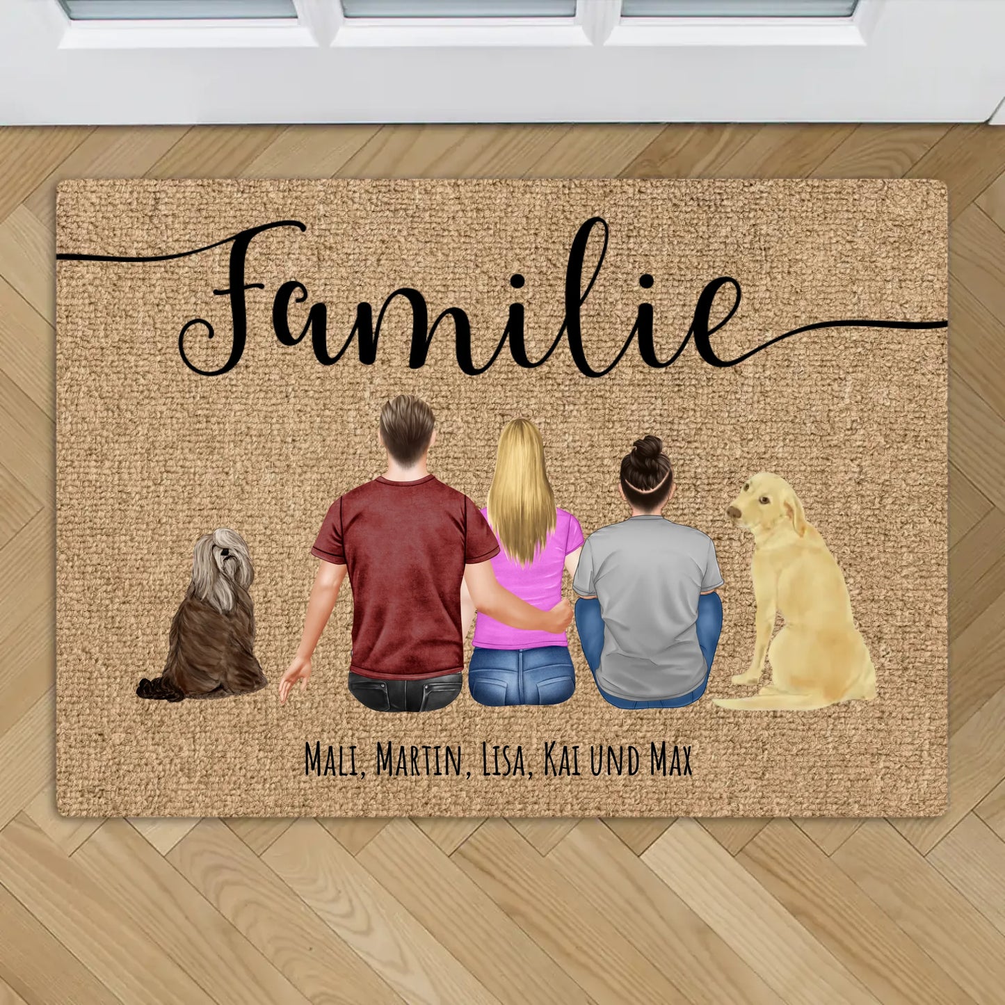 Personalisierte Fußmatte - Familie mit Hund