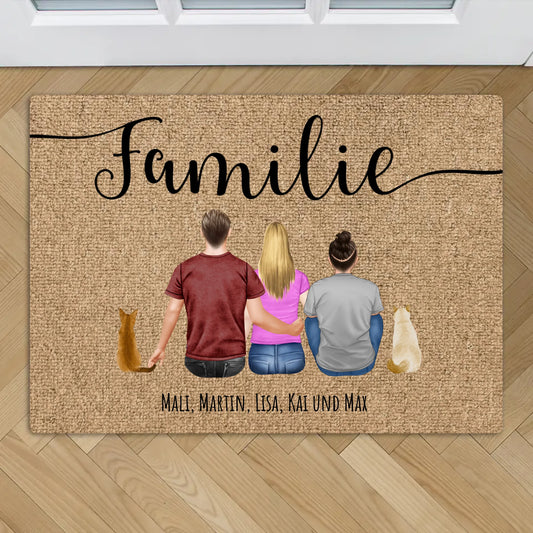 Personalisierte Fußmatte - Familie mit Katze