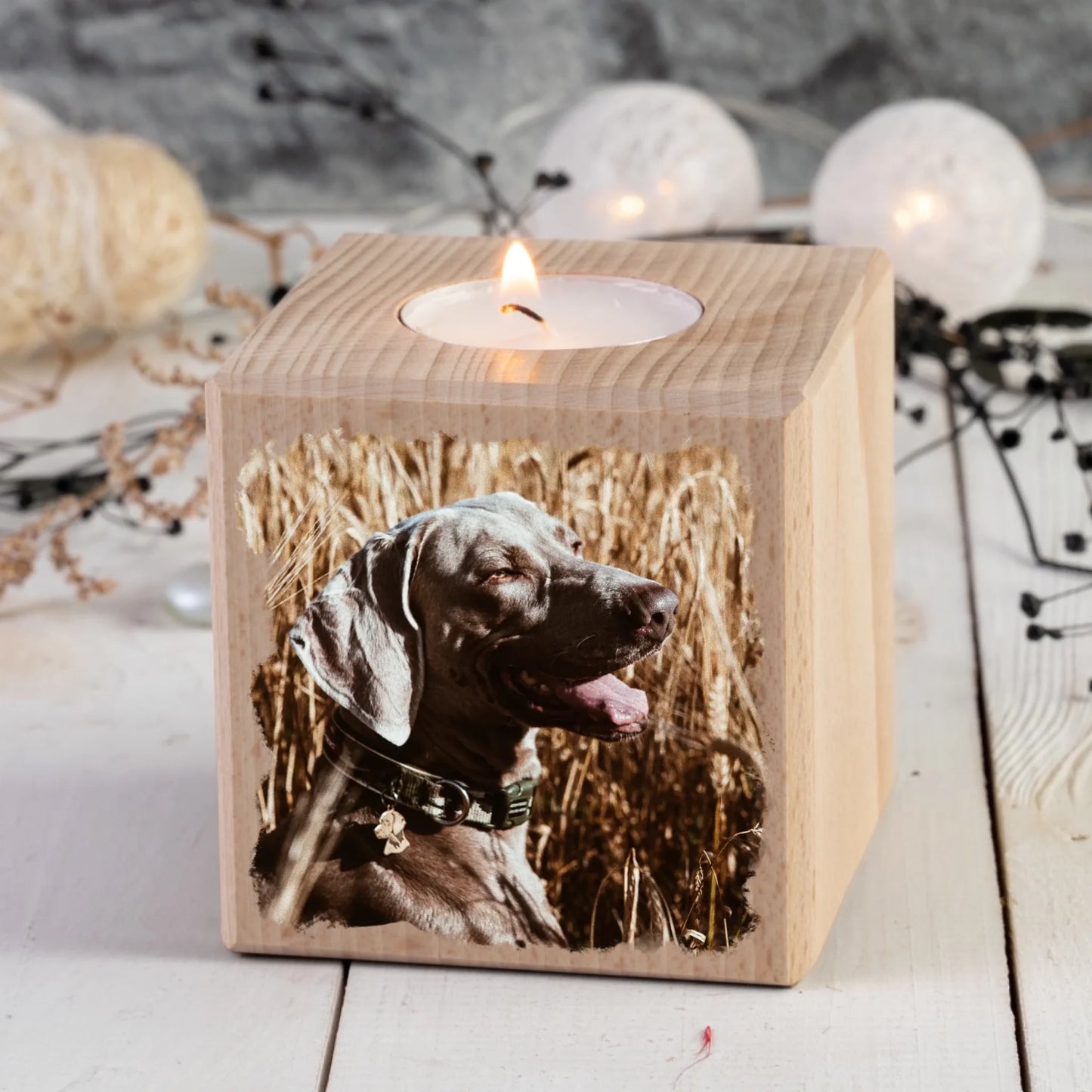 Personalisierter Kerzenwürfel - Dein Foto mit Hund