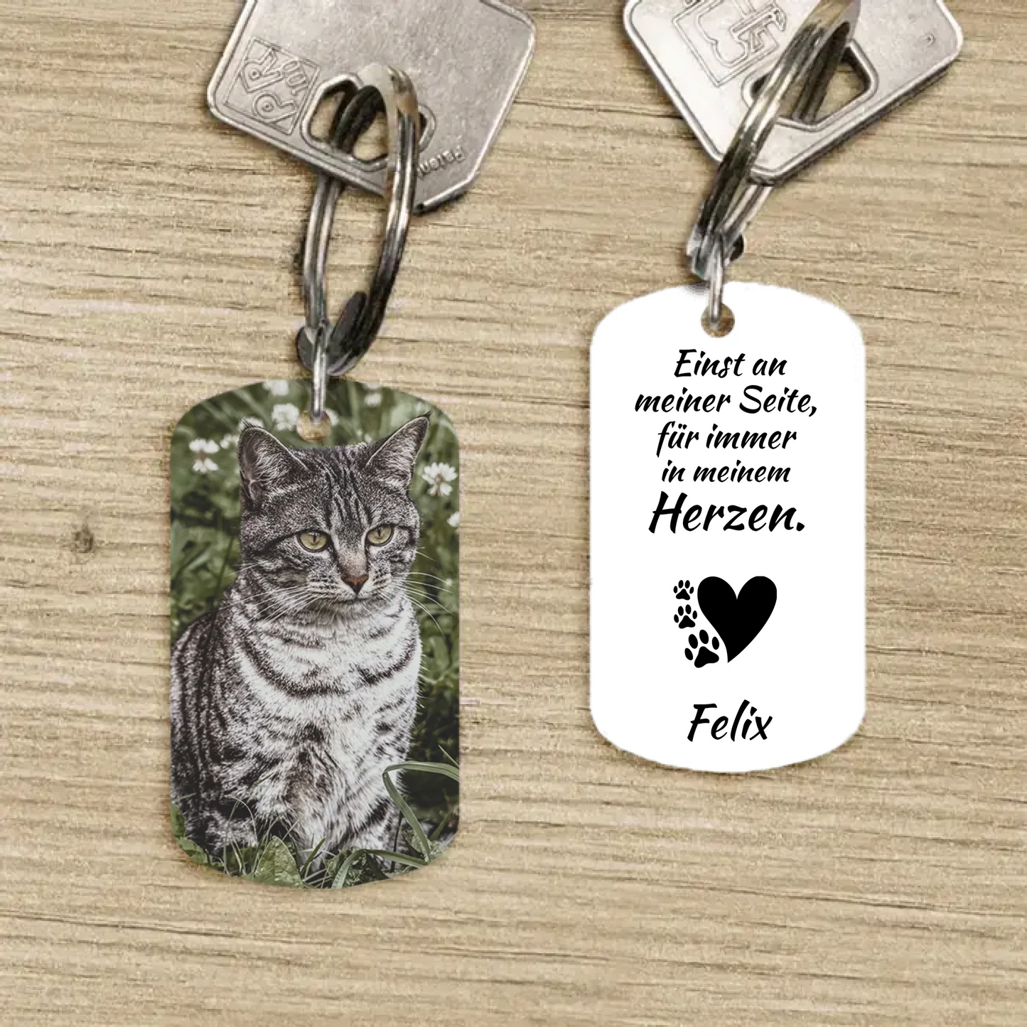 Personalisierter Dog Tag Schlüsselanhänger - Für immer im Herzen mit Katze