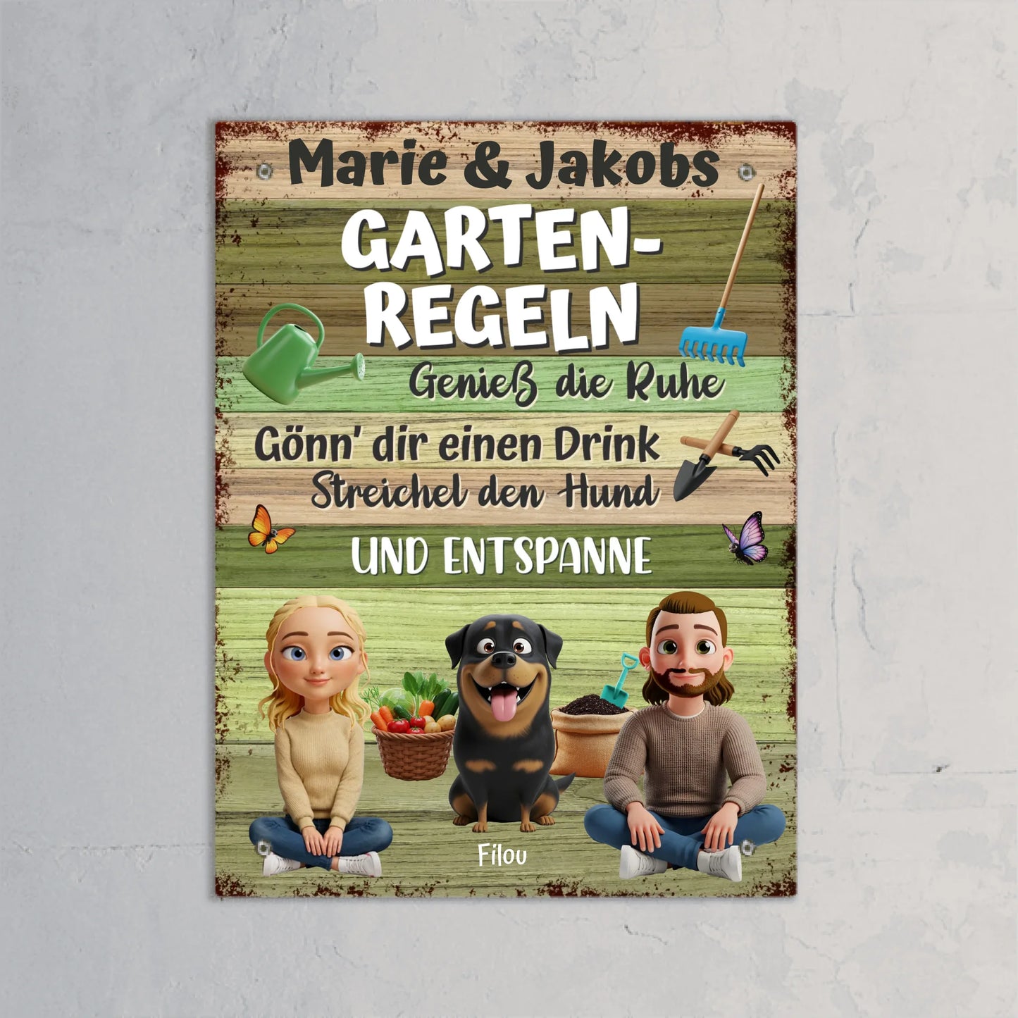 Personalisiertes Gartenschild - Gartenregeln Pärchen mit Hund