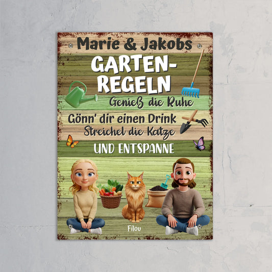 Personalisiertes Gartenschild - Gartenregeln Pärchen mit Katze