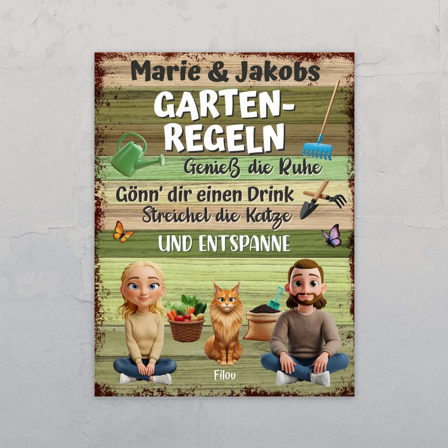 Personalisiertes Gartenschild - Gartenregeln Pärchen mit Katze