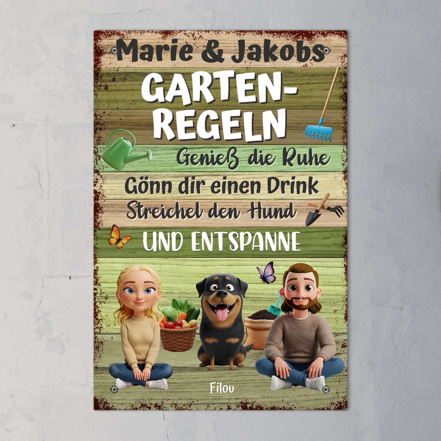 Personalisiertes Gartenschild - Gartenregeln Pärchen mit Hund