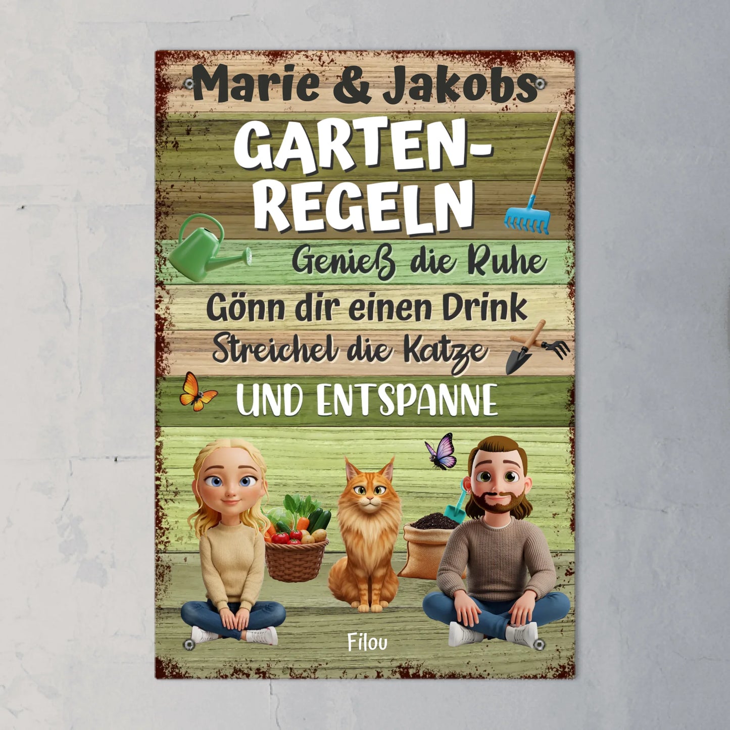 Personalisiertes Gartenschild - Gartenregeln Pärchen mit Katze