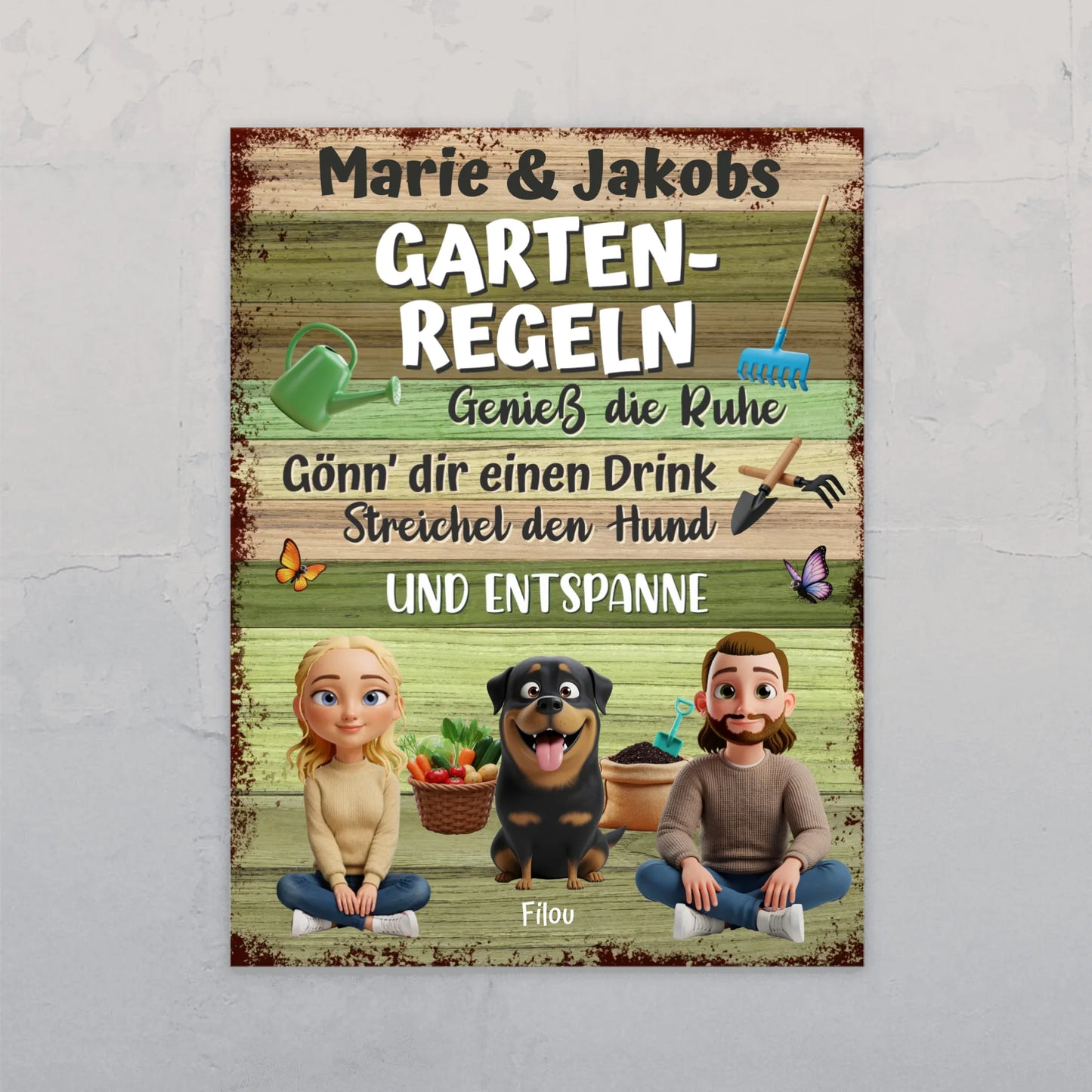 Personalisiertes Gartenschild - Gartenregeln Pärchen mit Hund
