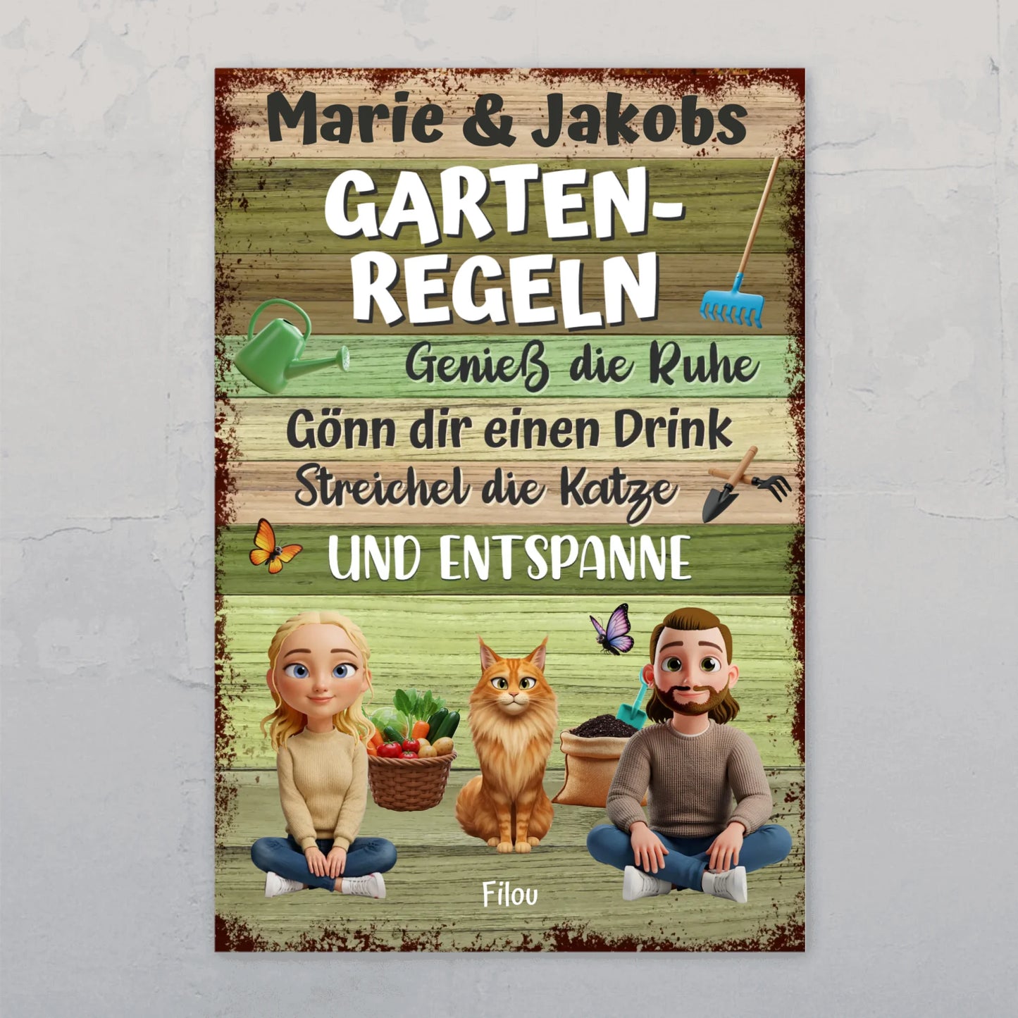 Personalisiertes Gartenschild - Gartenregeln Pärchen mit Katze