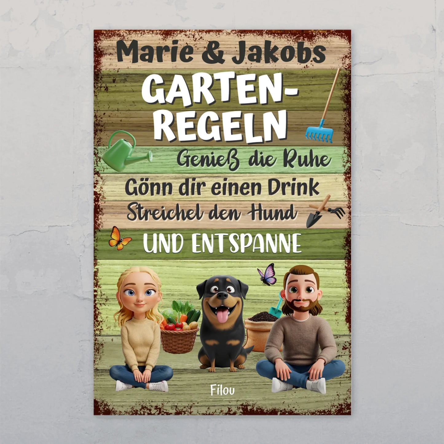 Personalisiertes Gartenschild - Gartenregeln Pärchen mit Hund