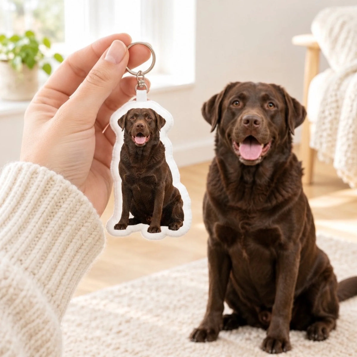 Personalisierte Form Schlüsselanhänger - Dein Foto mit Hund - in der Hand gehalten - Pet Printed