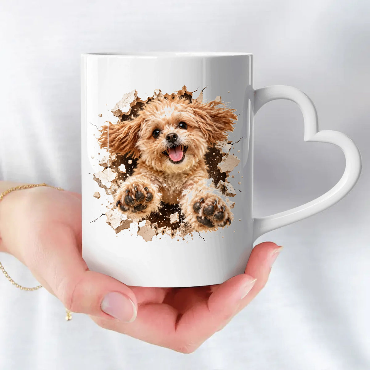 Personalisierte Tasse - Fotorealistisches Haustier beim Sprung mit beiden Pfoten durch eine zerbrochene Putzwand